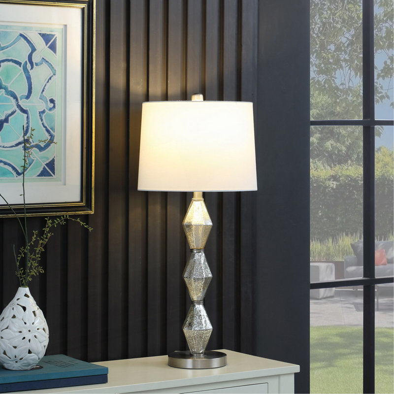 Emil Moderne Geometric Light Amber Textured Glass Table Lamp, Brushed Silver