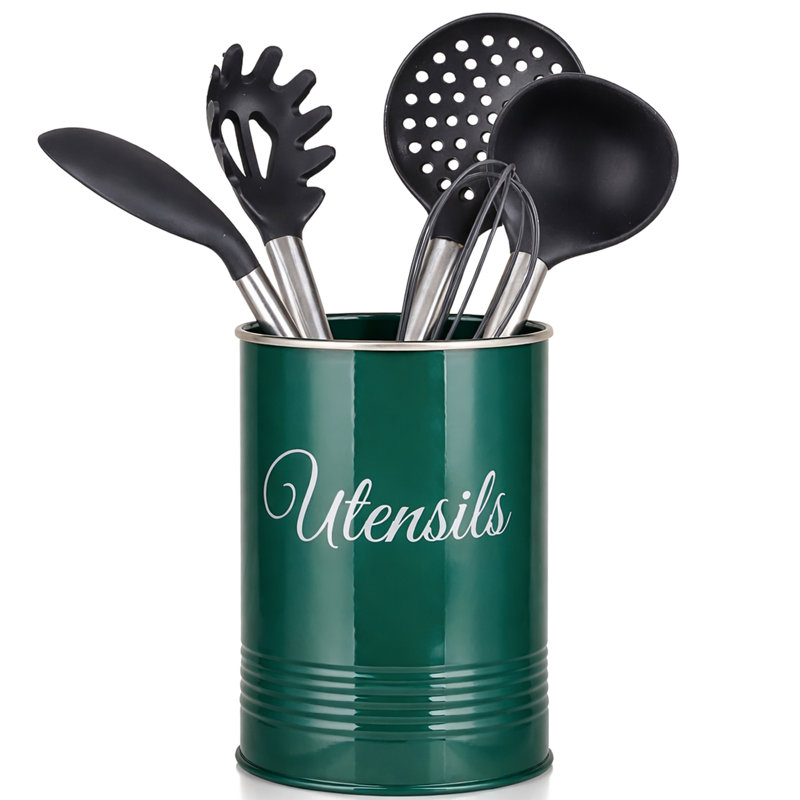 Metal Round Utensil Crock, Green