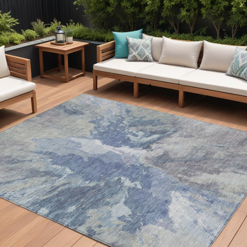 Tapis extérieur lavable abstrait bleu et lin 9 pi x 12 pi Denim