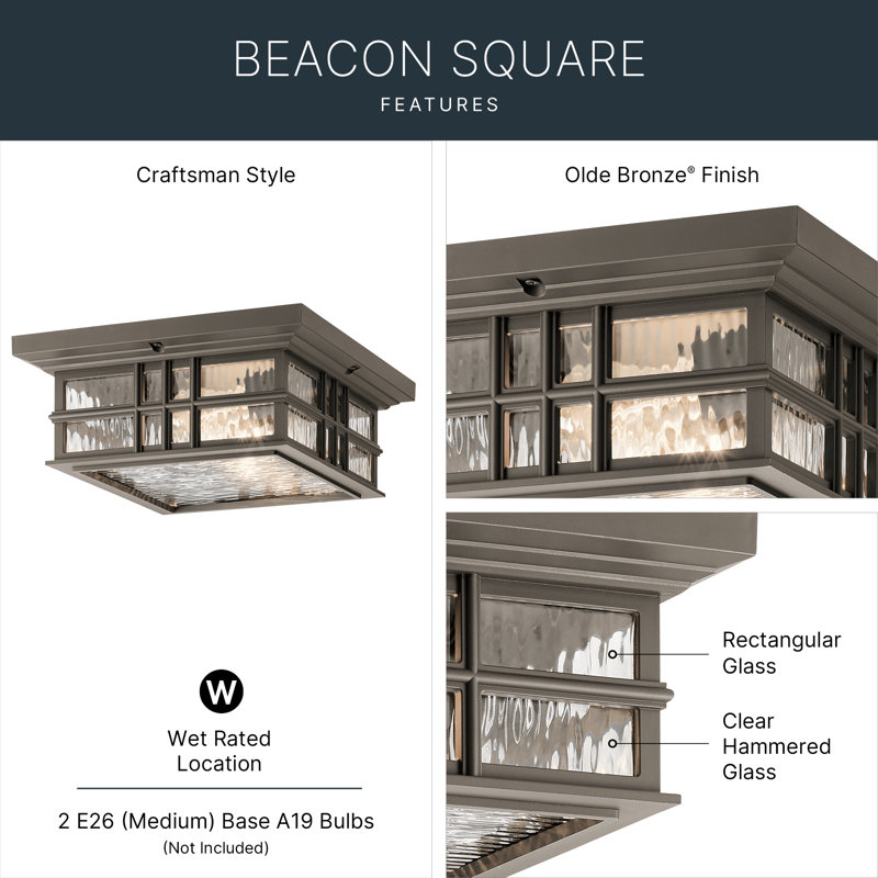 Beacon Square Olde Bronze 2-Light Outdoor Flush Mount Light with Clear Hammered Glass Shade, Olde Bronze