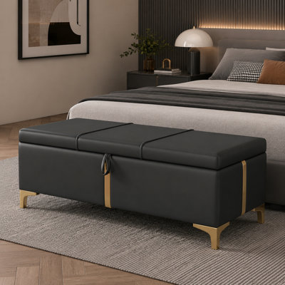Affordable luxury black upholstered storage bench featuring premium metal legs; arrives fully assembled (only the legs require attachment), serving du