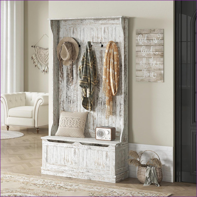 Arbre d'entrée avec banc de rangement, portemanteau 3 en 1, 5 crochets doubles et amp; Rangement pour chaussures, blanc vieilli | Blanc | Portemanteaux