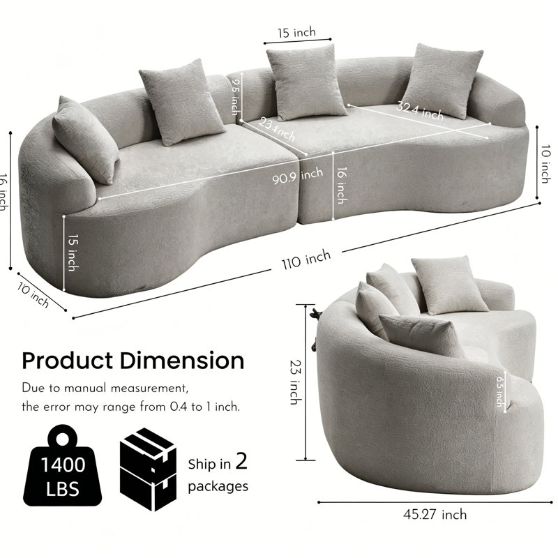 Canapé modulaire courbé 4 places avec méridienne et coussins décoratifs 4 places, Gray
