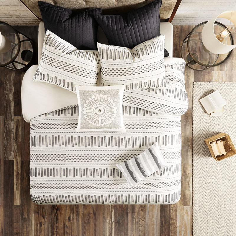 Housse de couette 100% pur coton pour lit double et grand lit double gris anthracite avec coins à rayures horizontales