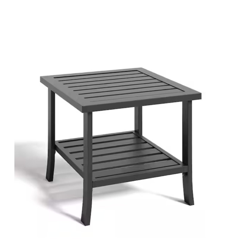 Durable Square Black Metal Outdoor Side Table, 2-Tier Design For All-Weather Use And Enhanced Storage, Black