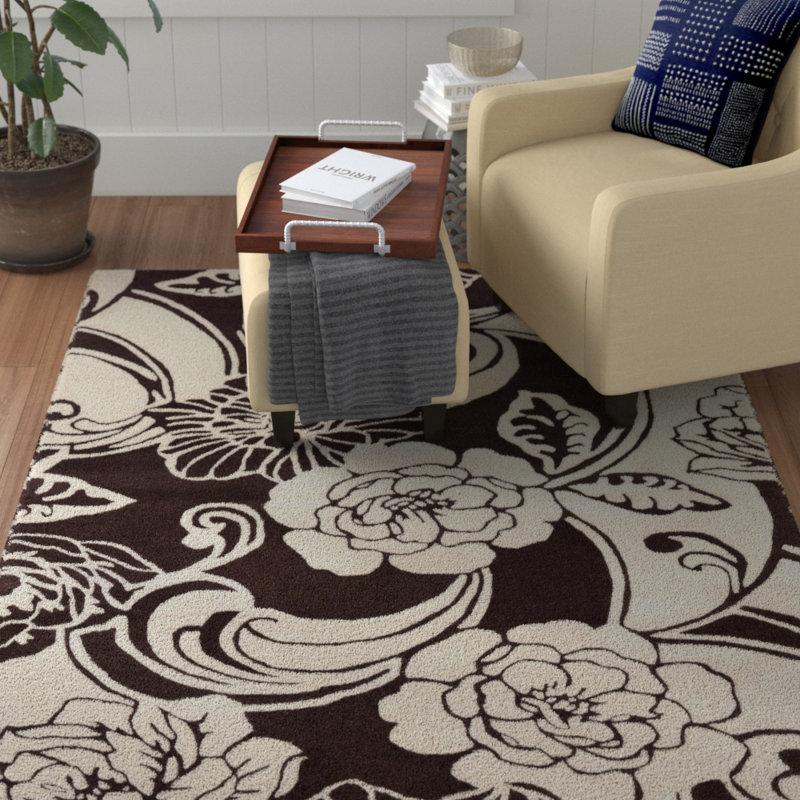 Tapis floral contemporain en laine touffeté à la main brun et ivoire Medford Authentic, Rectangulaire 7 pi x 10 pi