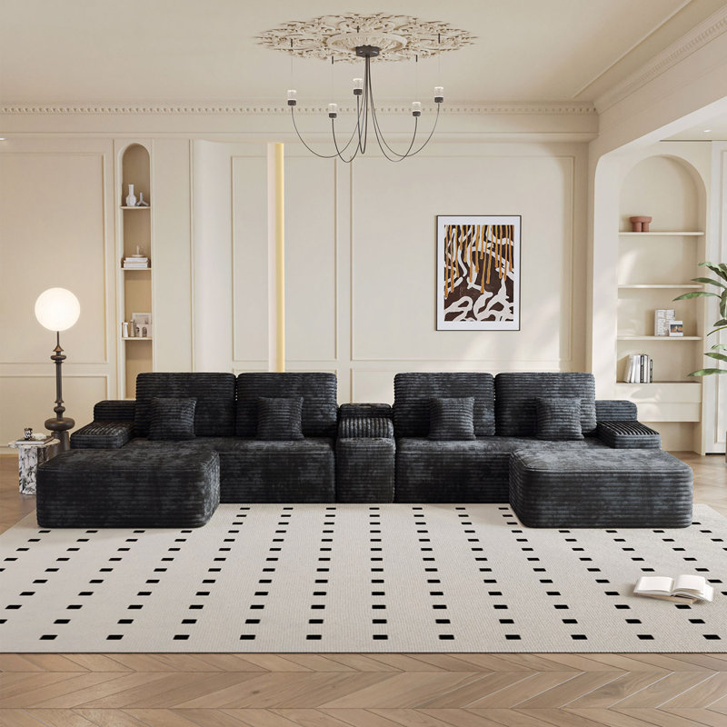 Canapé modulaire 5 pièces de 150 po de largeur avec 2 repose-pieds, canapé confortable en forme de U pour le salon, tissu en velours côtelé moelleux