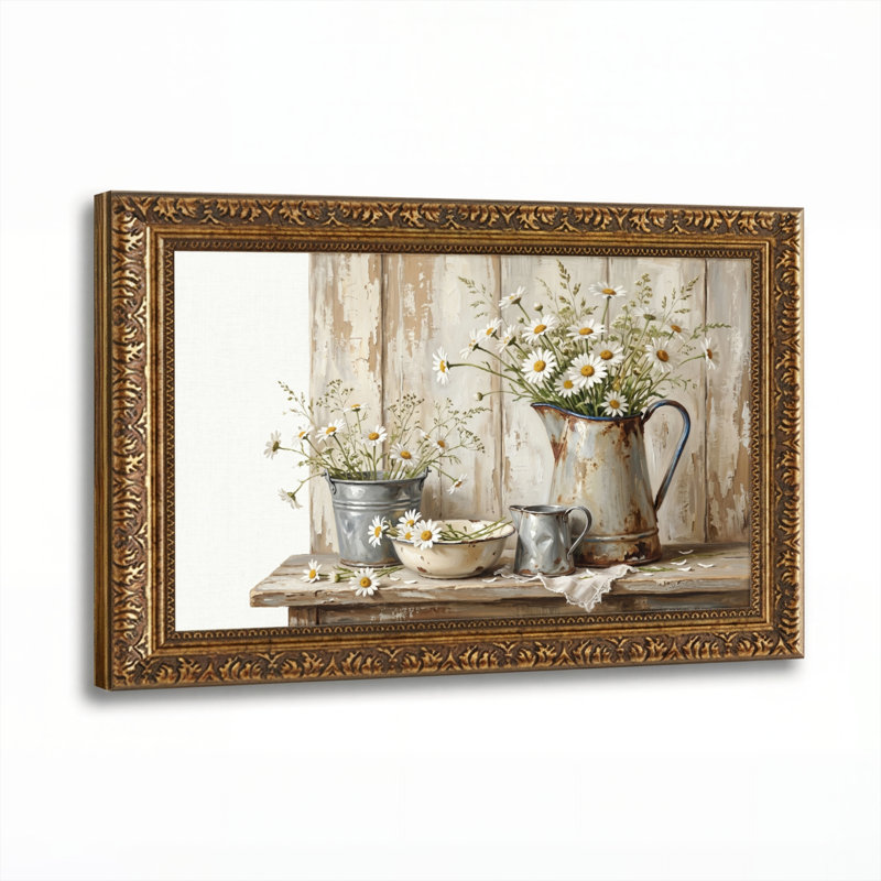 Art mural en toile noyer doré encadré pour le salon, la chambre à coucher, le bureau ou le vestibule - décoration murale décorative avec motif floral rustique