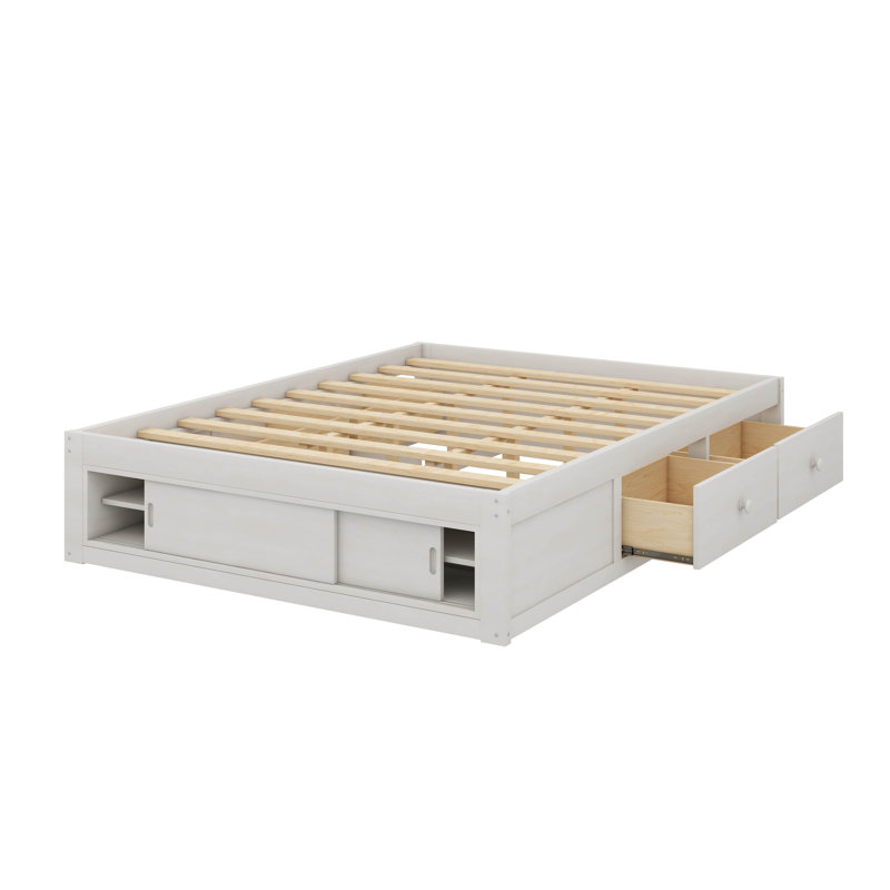 Lit plateforme grand format avec quatre tiroirs et rangement au pied de lit, sans tête de lit, Blanc