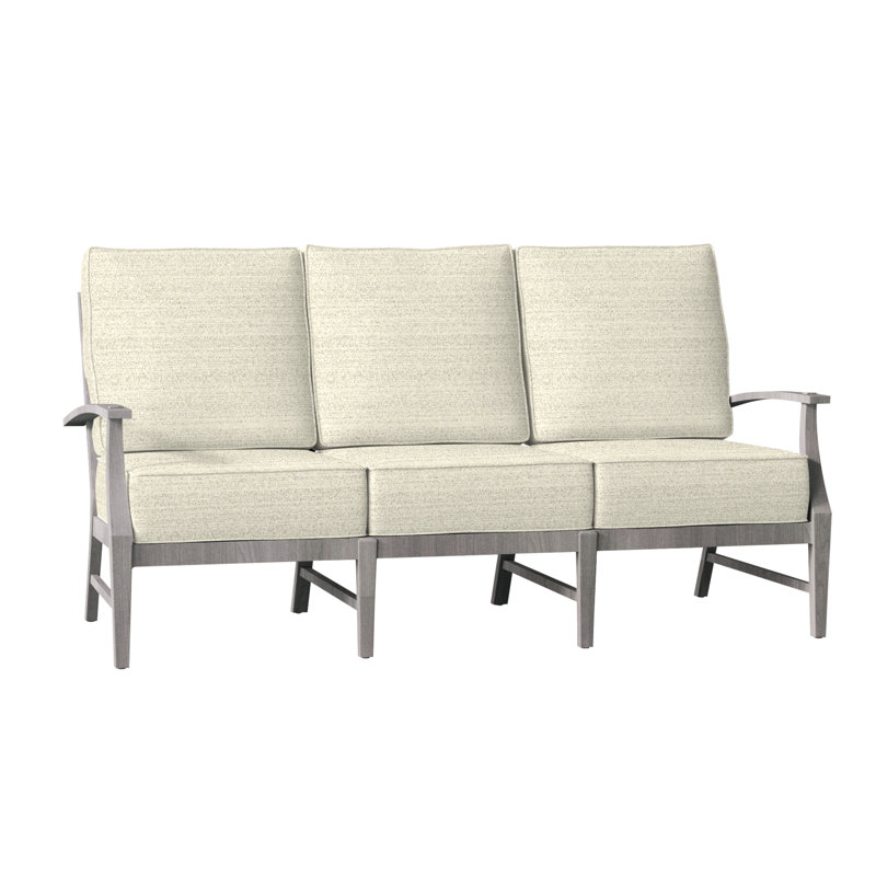 Croquet 75.75" Wide Outdoor Teak Patio Sofa with Cushions, Rollo Lace InsideOut® Linen, Welt, Oyster Teak