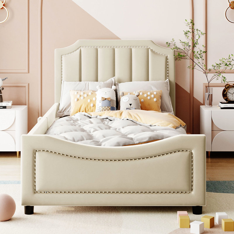 Lit de jour simple rembourré beige avec tête de lit à rayures classique et fascinante - Bois et structure, Beige