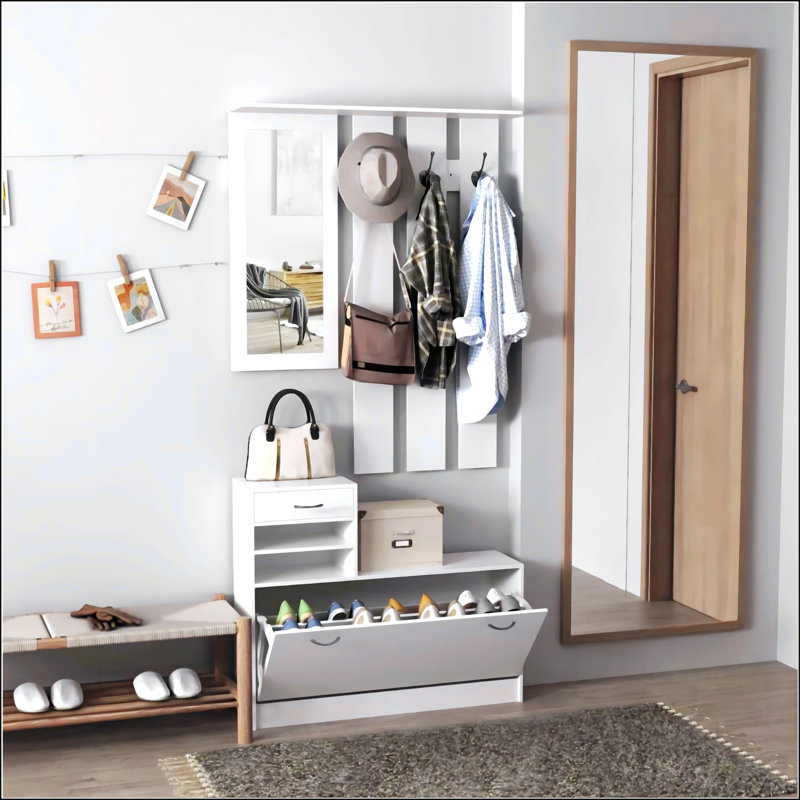 Combination Model Gate Cabinet With Shoe Cabinet+Hang Shelf+ Mirror, Matte White