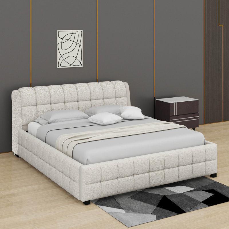 Lit plateforme tapissier avec tête et pied de lit épais, structure de lit tapissier avec motif, Blanc, Très grand lit