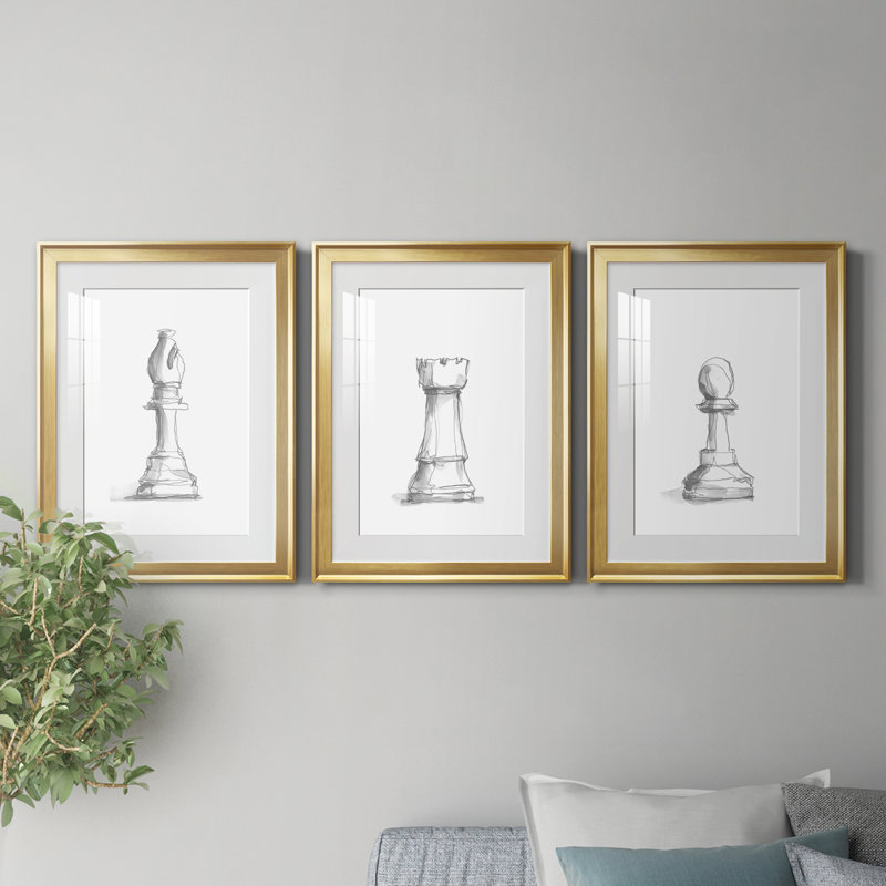 Chess Room Study IV - Ensemble de 3 peintures encadrées, Cadre doré, H 24,5 po x l 55,5 po x P 1 po
