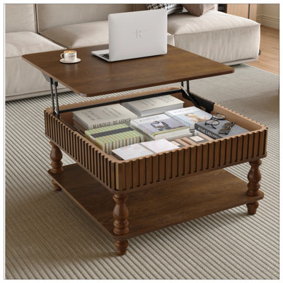 Table basse carrée à plateau relevable cannelé avec rangement caché et ouvert, mécanisme de levage hydraulique, pieds en bois massif rétro pour le salon