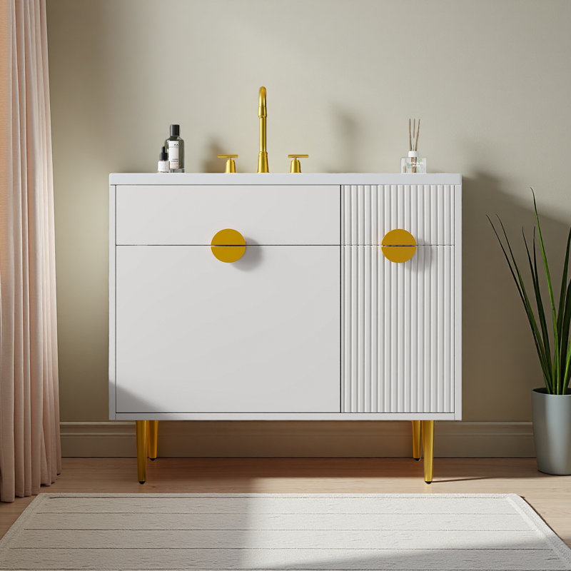 Meuble-lavabo de 36 po avec lavabo en résine, meuble-lavabo moderne, armoire de rangement avec porte à fermeture en douceur et porte rabattable
