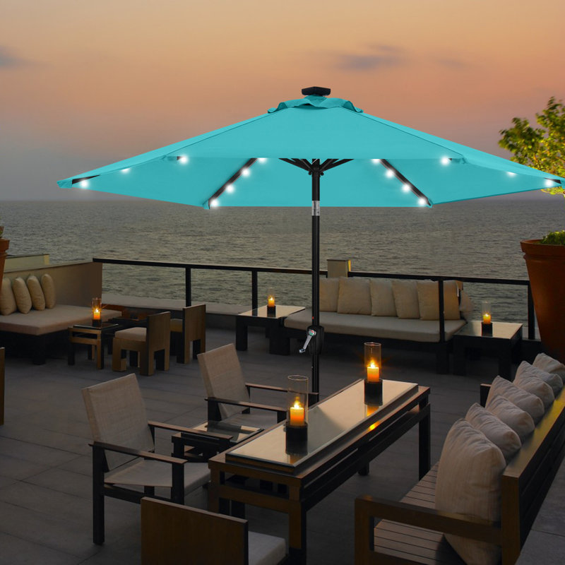 Cutshall Solar LED Market Umbrella with Tilt and Crank Lift, Turquoise, 7.5'