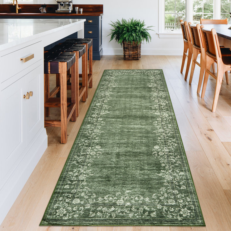 Tapis antidérapant lavable à la machine pour le salon Bordure florale à motif vieilli rétro, Tapis de couloir 2 pi x 6 pi