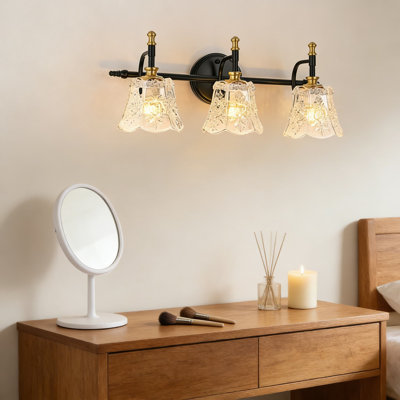 Luminaire de meuble-lavabo rétro avec abat-jour en verre floral, applique murale 3 lumières pour miroir de salle de bain, finition or brossé