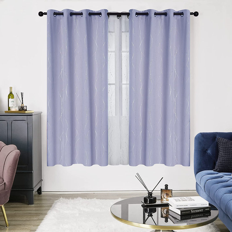 Senath Dotted Line Foil Printed Room Darkening Thermal Curtains, 117cm W x 138cm D, Light Purple