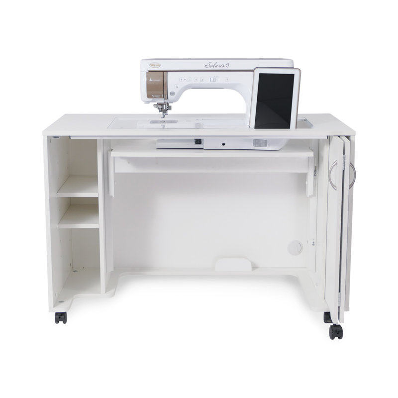 White Melamine Hydraulic Lift Sewing Cabinet with Adjustable Shelves