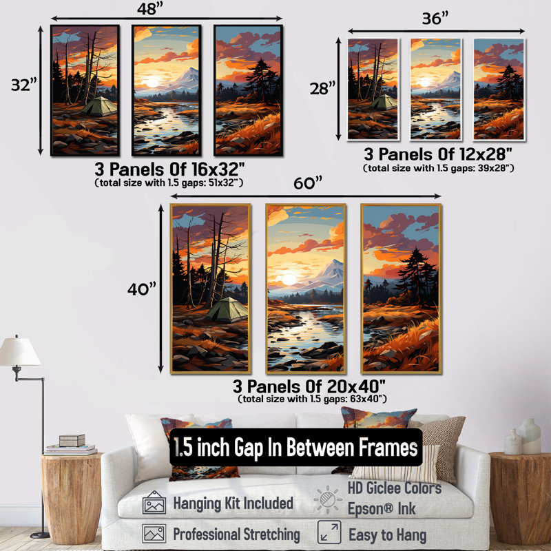 «Camping by the River», ensemble d'art mural sur toile, Cadre flottant noir, H 32 po x l 48 po