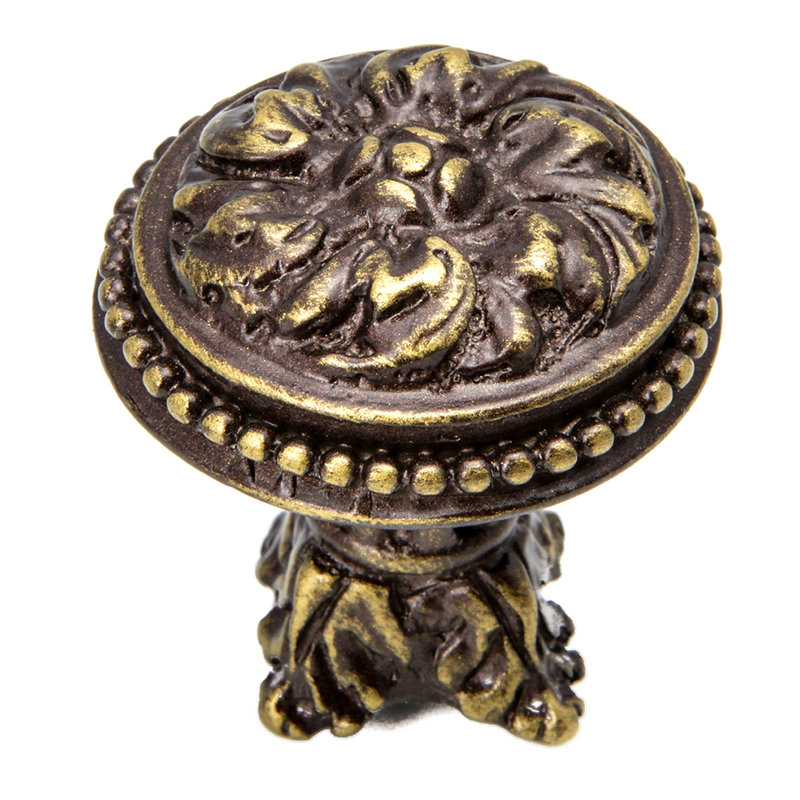 Acanthe et grand bouton perlé avec base en colonne de style rosette, Laiton antique