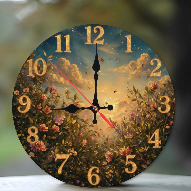 Horloge florale avec ciel coucher de soleil