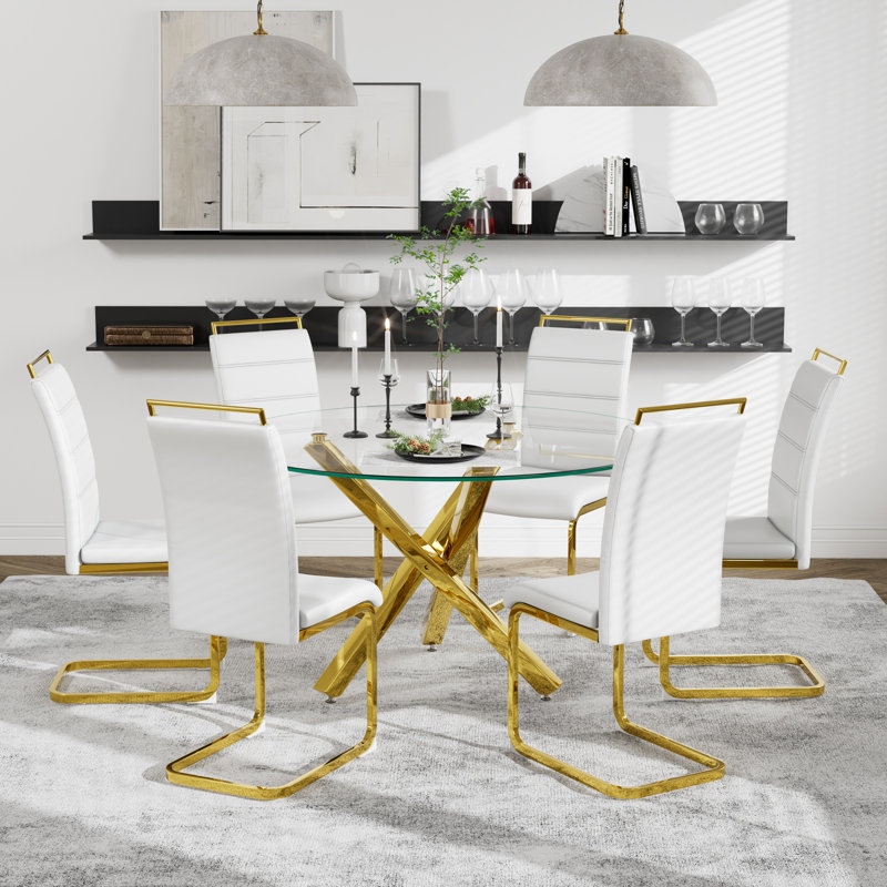 7 Piece Dining Set, Round Dining Table with Tempered Glass and 6 Upholstered Chairs, White, Gold