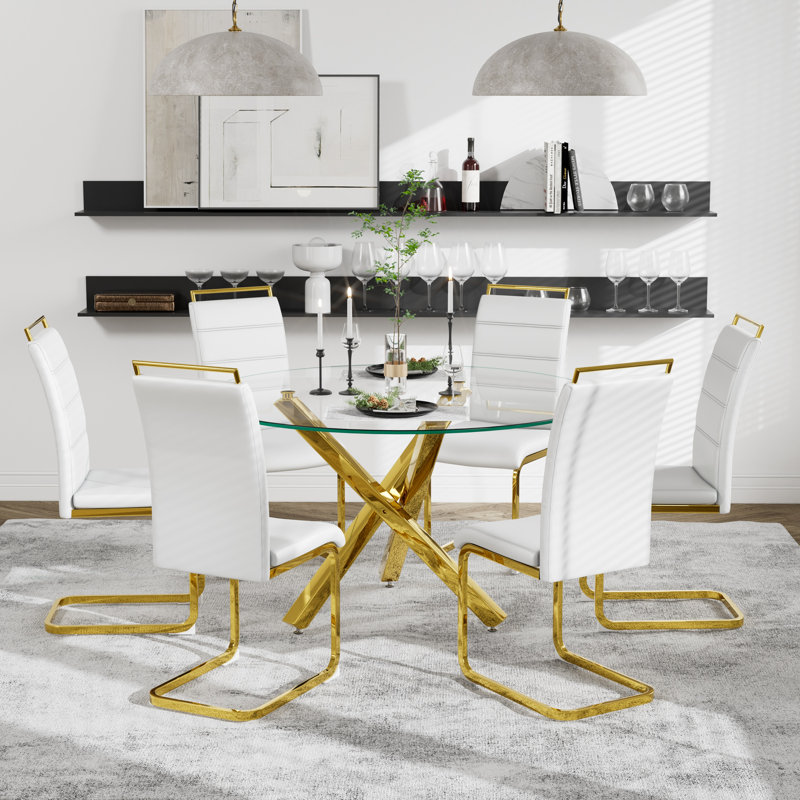 Ensemble de salle à manger 7 pièces, table de salle à manger ronde avec verre trempé et 6 chaises rembourrées, Blanc, Doré