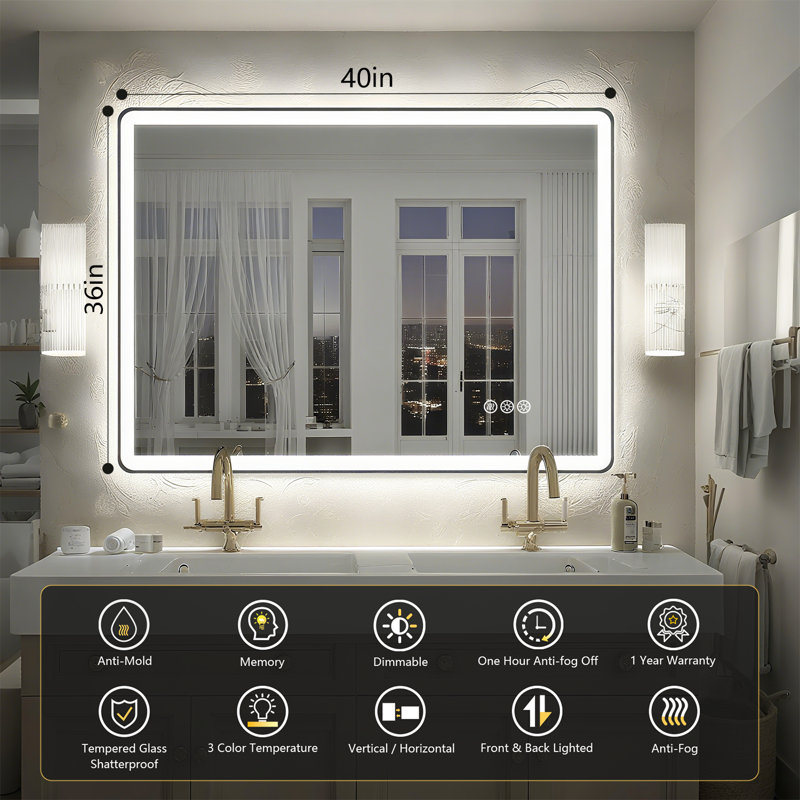 Lunara Independent Dual Backlit&Front Lights LED Wall Mirror, Rounded Corner Matte Black Metal Framed Bathroom Mirror with Tempered Glass
