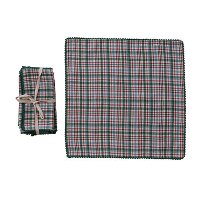 Plaid Cotton Napkins with Pom Pom Trim