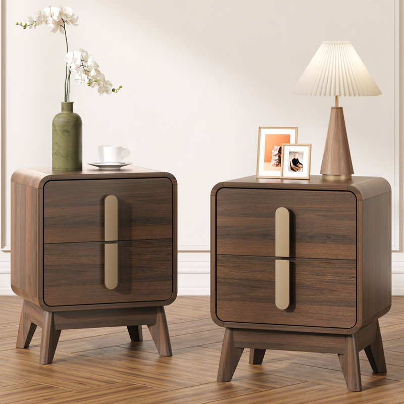 Ensemble de 2 tables de chevet de style Mid-Century moderne, tables de chevet avec pieds en bois massif et tiroirs, Noyer