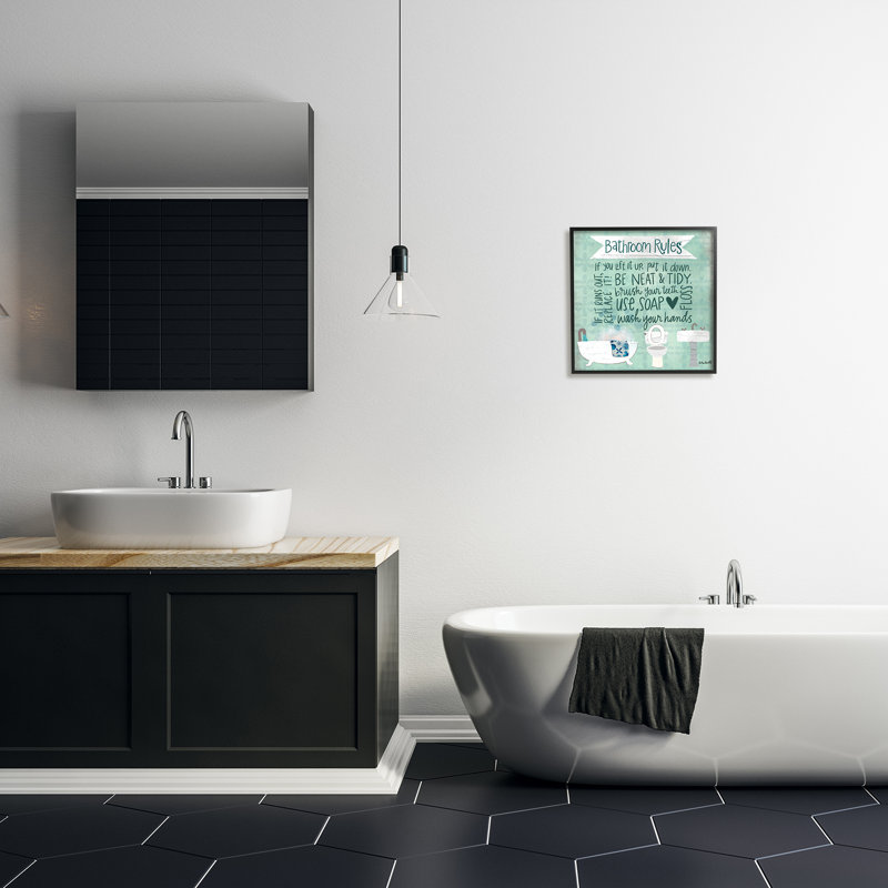 Aqua bleu, règles de la salle de bain, Giclée encadrée noir minuit, L 17 po x H 17 po