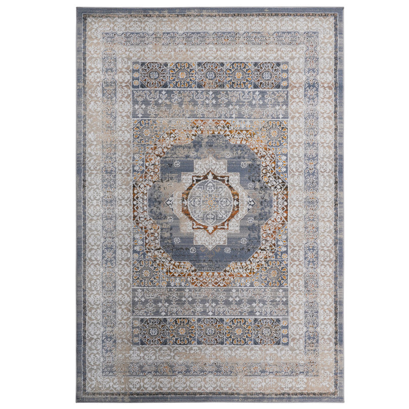 Tapis tissé à la main et bleu médaillon 5 x 7 - sans perte de teinture, pour plusieurs espaces