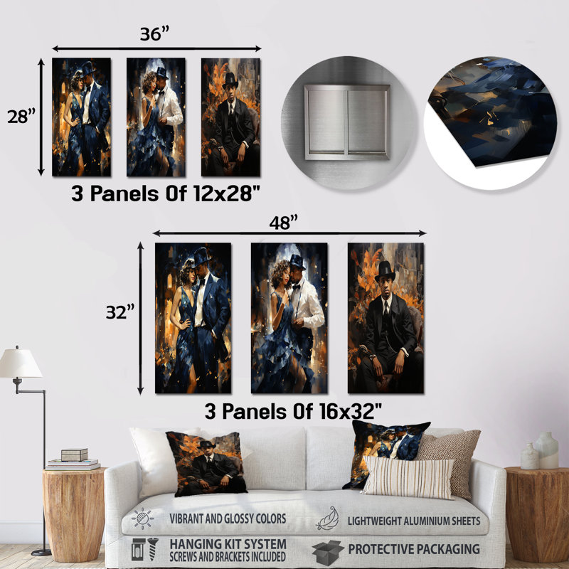 Ensemble de 3 décorations murales en métal Harlem Renaissance Jazz Age Couple - Couple, H 28 po x l 36 po