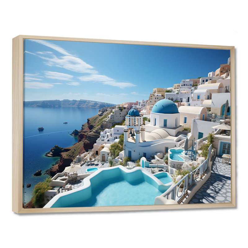 Grèce «Santorini Dreams I», art mural grand de Grèce, H 16 po x l 32 po x P 1 po, Maple Floater Framed