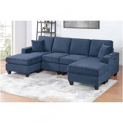 Ensemble de canapé modulaire 3 pièces à finition bleu foncé avec accoudoir à droite et à gauche, port USB, causeuse sans accoudoirs, pieds en plastique et deux coussins assortis au salon principal