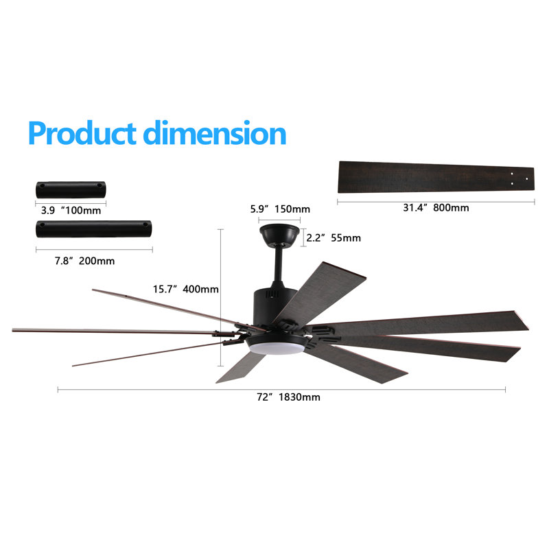 72" Modern Dimmable LED Ceiling Fan Light With Remote Control