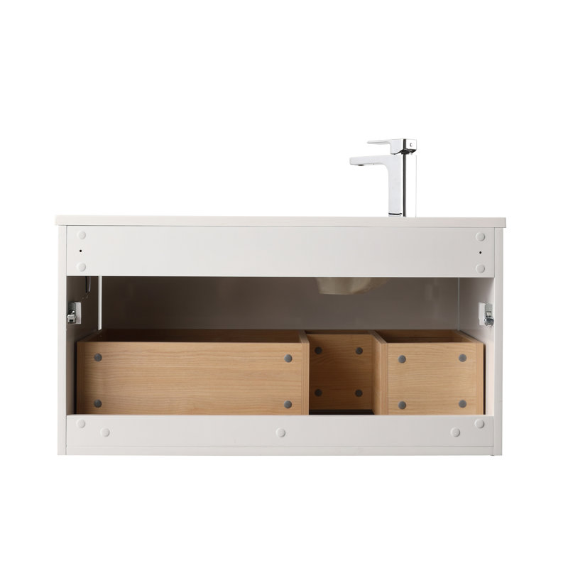Meuble-lavabo flottant 36 po avec lavabo - armoire murale en bois avec lumières DEL, panneau ondulé 3D, tiroir à fermeture en douceur et lavabo en acrylique 36 po