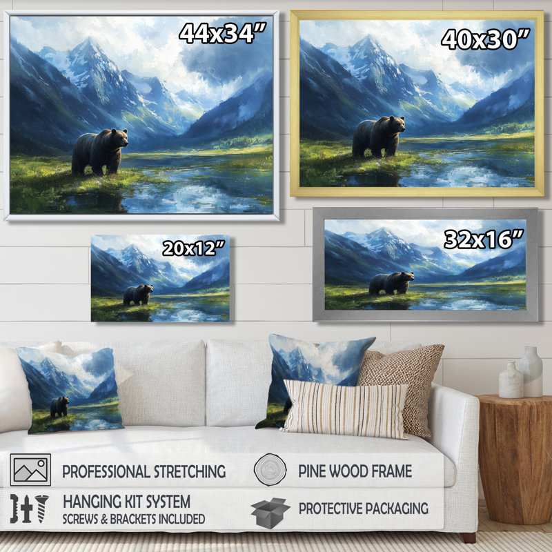 Ours dans la vallée de la montagne II - ours, art mural, H 28 po x l 60 po, Cadre flottant, Doré