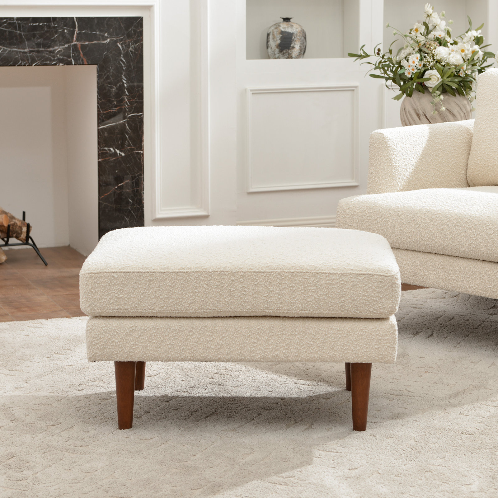 Miller Linen Ottoman, Cream, 19" H x 32" W x 23" D