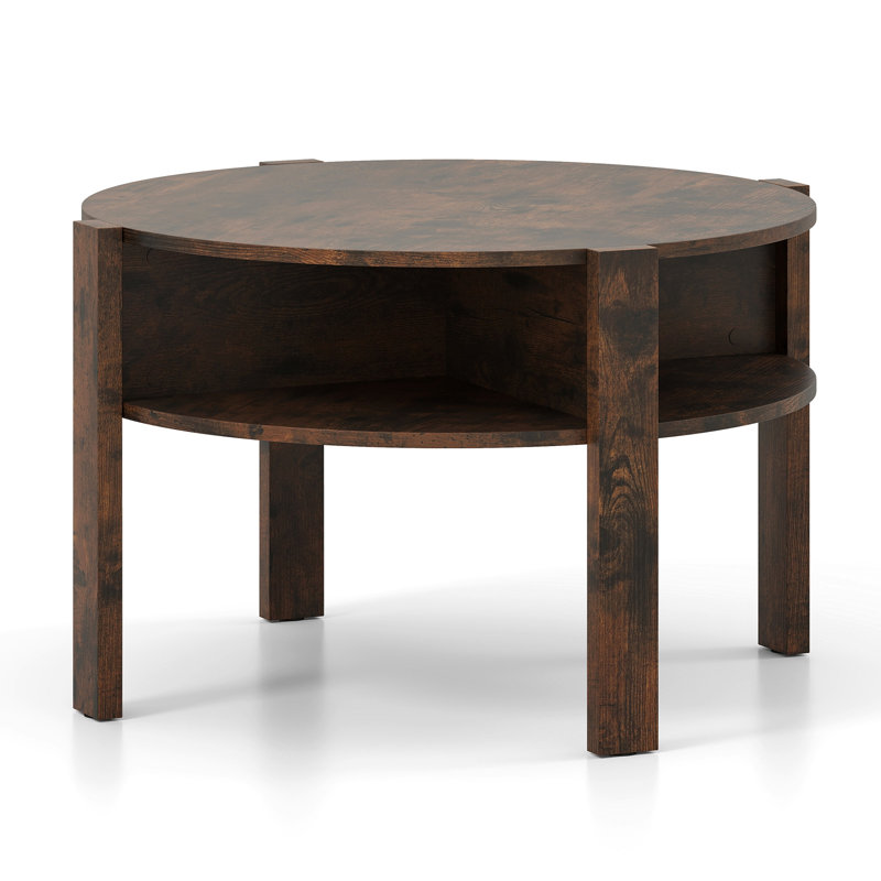 29.5'' 2-Tier Round Coffee Table w/ Storage 4 Shelves Faux Wooden Top, Brown 