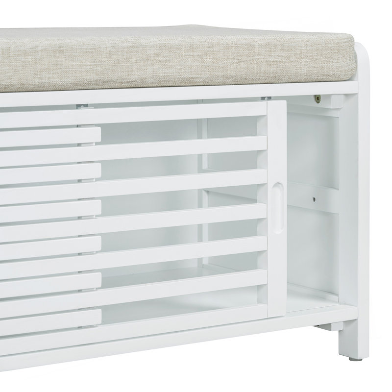 Shoe Bench with Storage and Cushion, Distressed Shutter Storage Bench with Retro Charm for Living Room, Entryway (White)