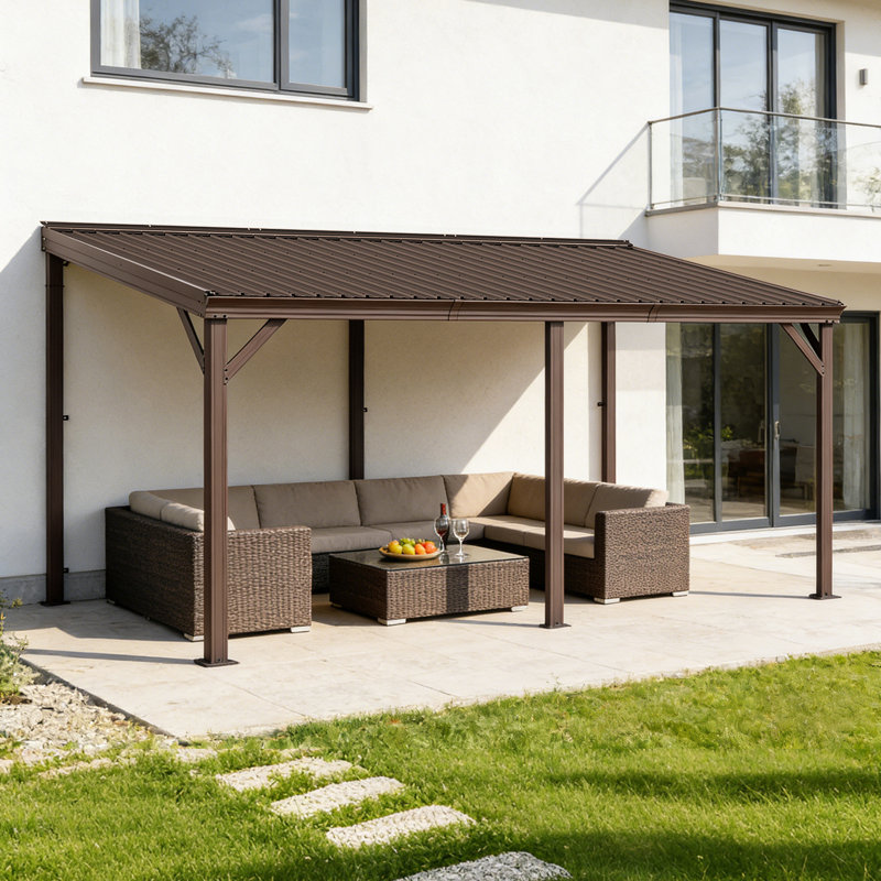 Patio Gazebo Lean to Wall Mounted Pergola with Sloping Galvanized Steel Roof, 96.13" H x 189.7" W x 117.76" D, Brown