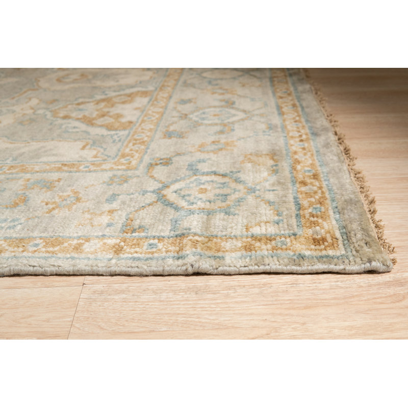 Tapis vert en laine noué à la main, Rectangle de 10 pi x 14 pi
