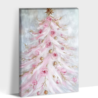 Grand arbre de Noël, reproduction d'art sur toile, pin rose, décoration murale de Noël forêt d'hiver