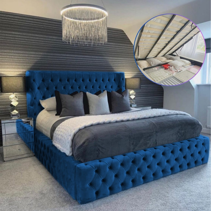 Aliyannah Upholstered Ottoman Storage Bed, Blue, Kingsize (5')