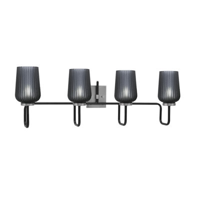 Barre d'éclairage de salle de bain 4 lumières Amarmula, noir mat et finition graphite, verre texturé fumé 5 po
