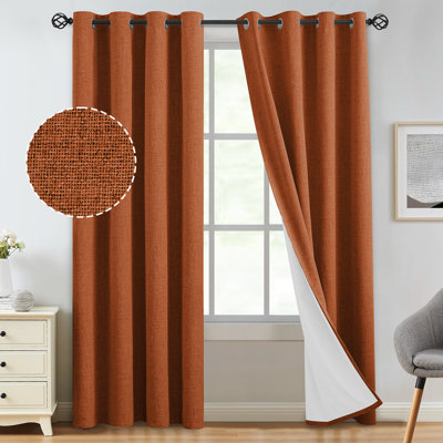 100% Blackout Linen Curtains,Room Darkening Grommet Drapes for Bedroom with White Liner